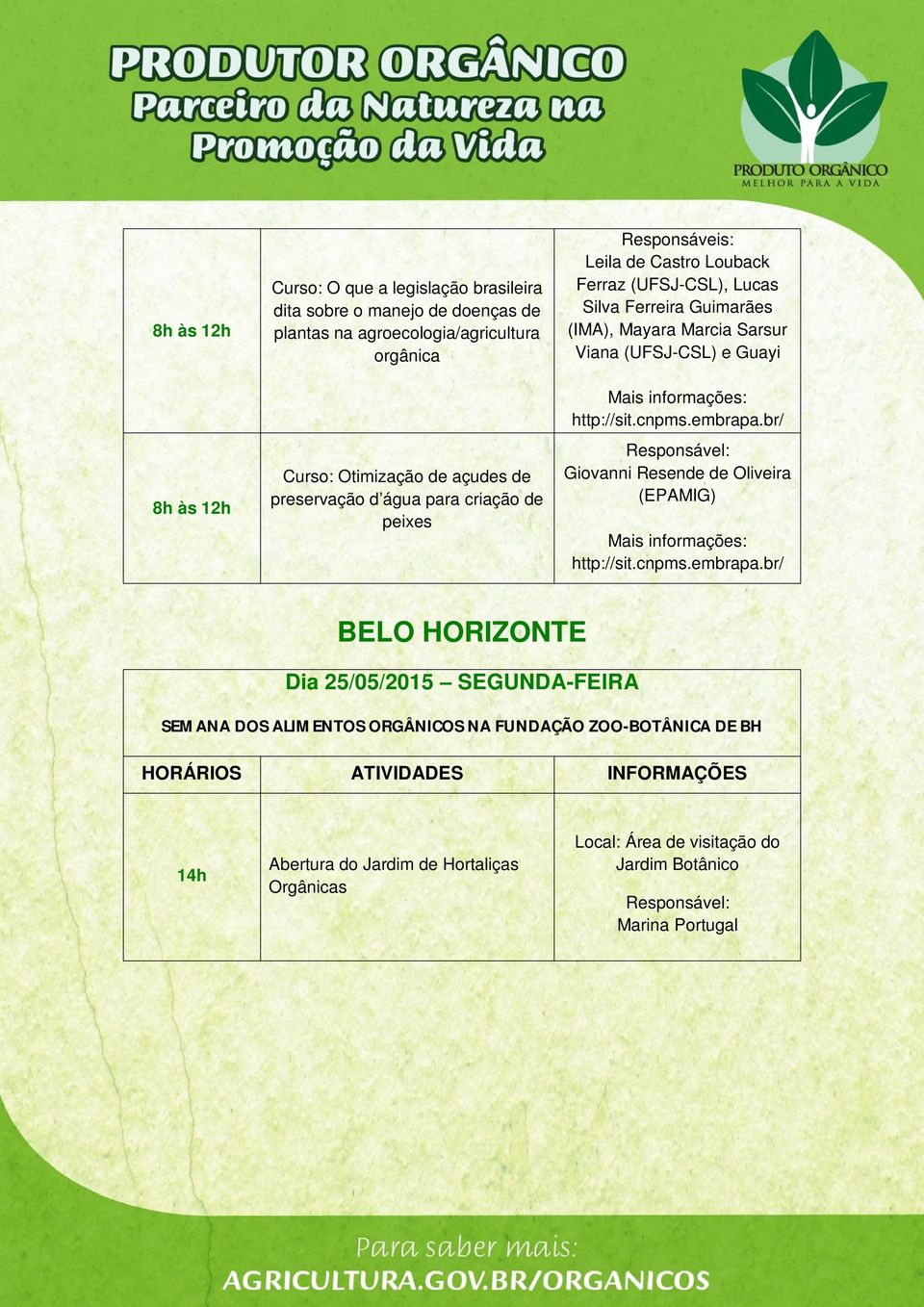 açudes de preservação d água para criação de peixes Giovanni Resende de Oliveira (EPAMIG) BELO HORIZONTE Dia 25/05/2015 SEGUNDA-FEIRA SEMANA