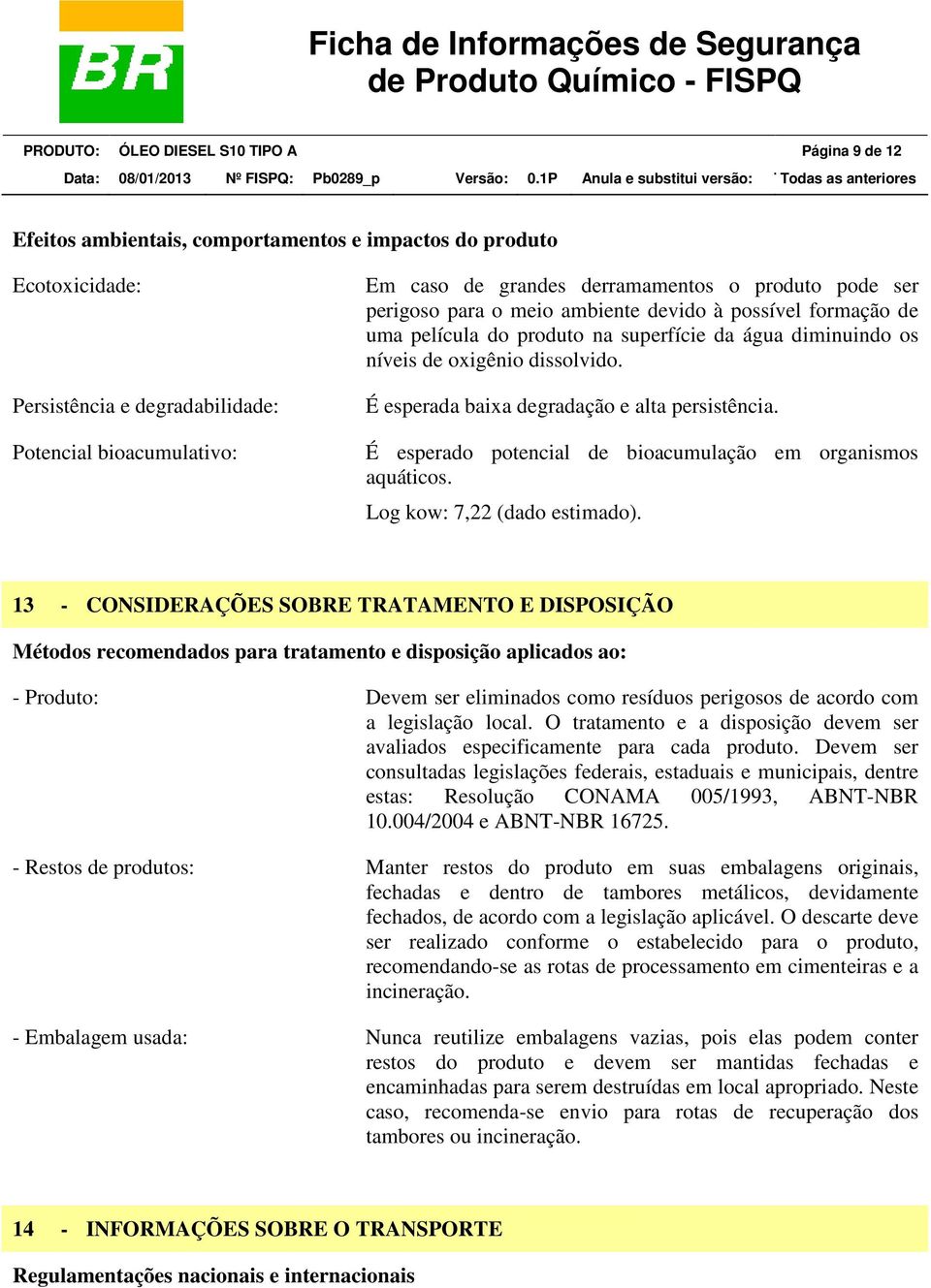 É esperada baixa degradação e alta persistência. É esperado potencial de bioacumulação em organismos aquáticos. Log kow: 7,22 (dado estimado).