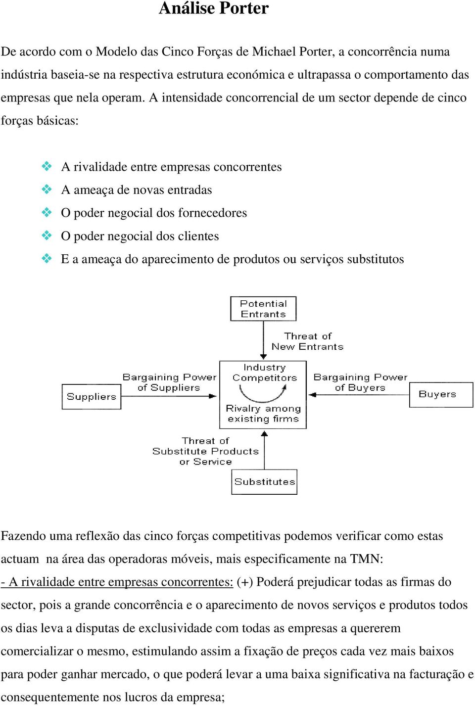 A intensidade concorrencial de um sector depende de cinco forças básicas: A rivalidade entre empresas concorrentes A ameaça de novas entradas O poder negocial dos fornecedores O poder negocial dos