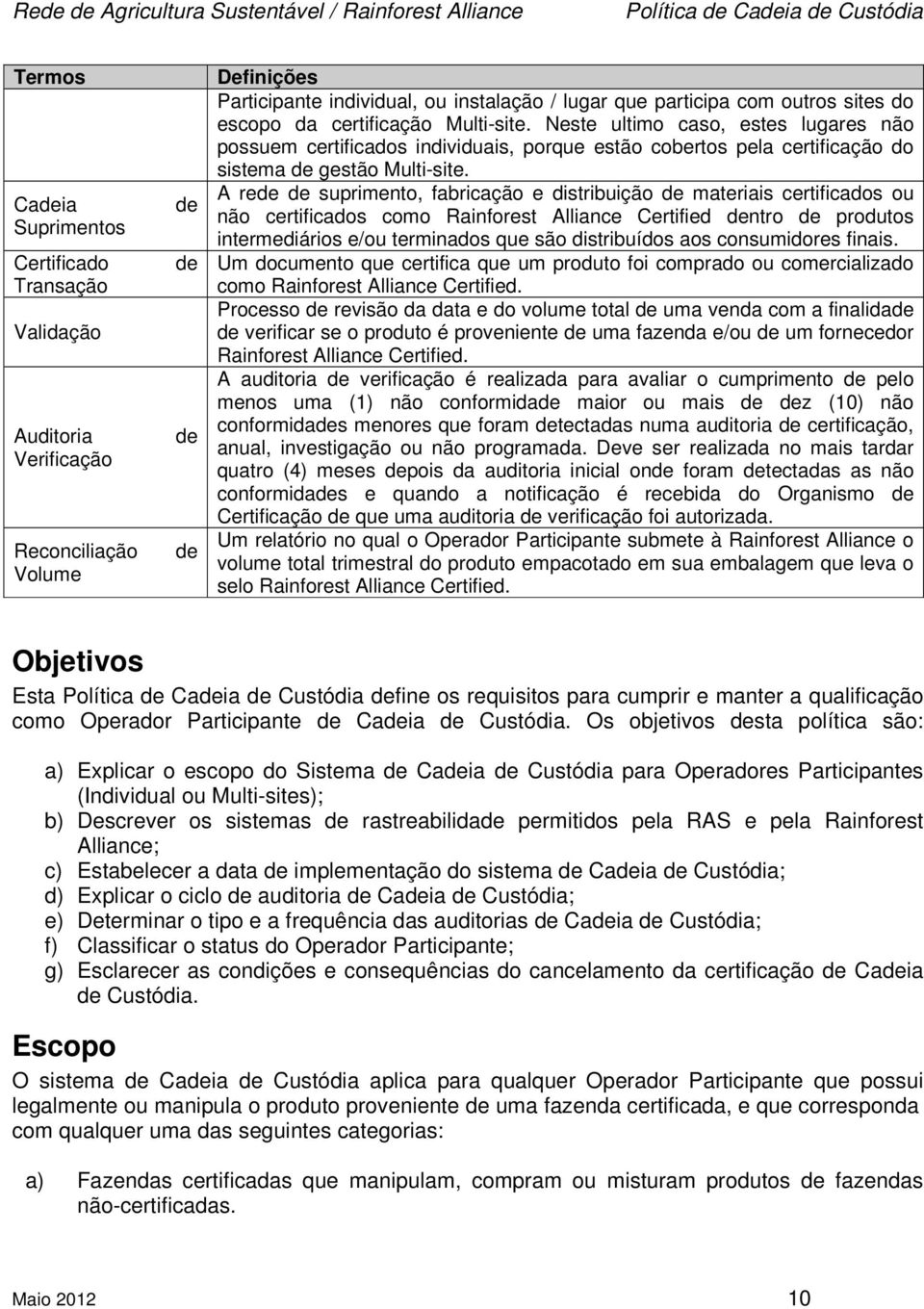 A rede de suprimento, fabricação e distribuição de materiais certificados ou não certificados como Rainforest Alliance Certified dentro de produtos intermediários e/ou terminados que são distribuídos