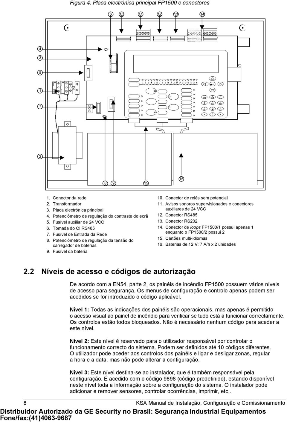 Fusível da bateria 10. Conector de relés sem potencial 11. Avisos sonoros supervisionados e conectores auxiliares de 24 VCC 12. Conector RS485 13. Conector RS232 14.