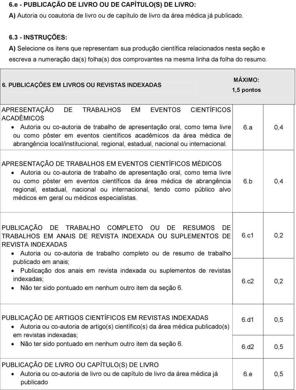 PUBLICAÇÕES EM LIVROS OU REVISTAS INDEXADAS MÁXIMO: 1,5 pontos APRESENTAÇÃO DE TRABALHOS EM EVENTOS CIENTÍFICOS ACADÊMICOS Autoria ou co-autoria de trabalho de apresentação oral, como tema livre ou