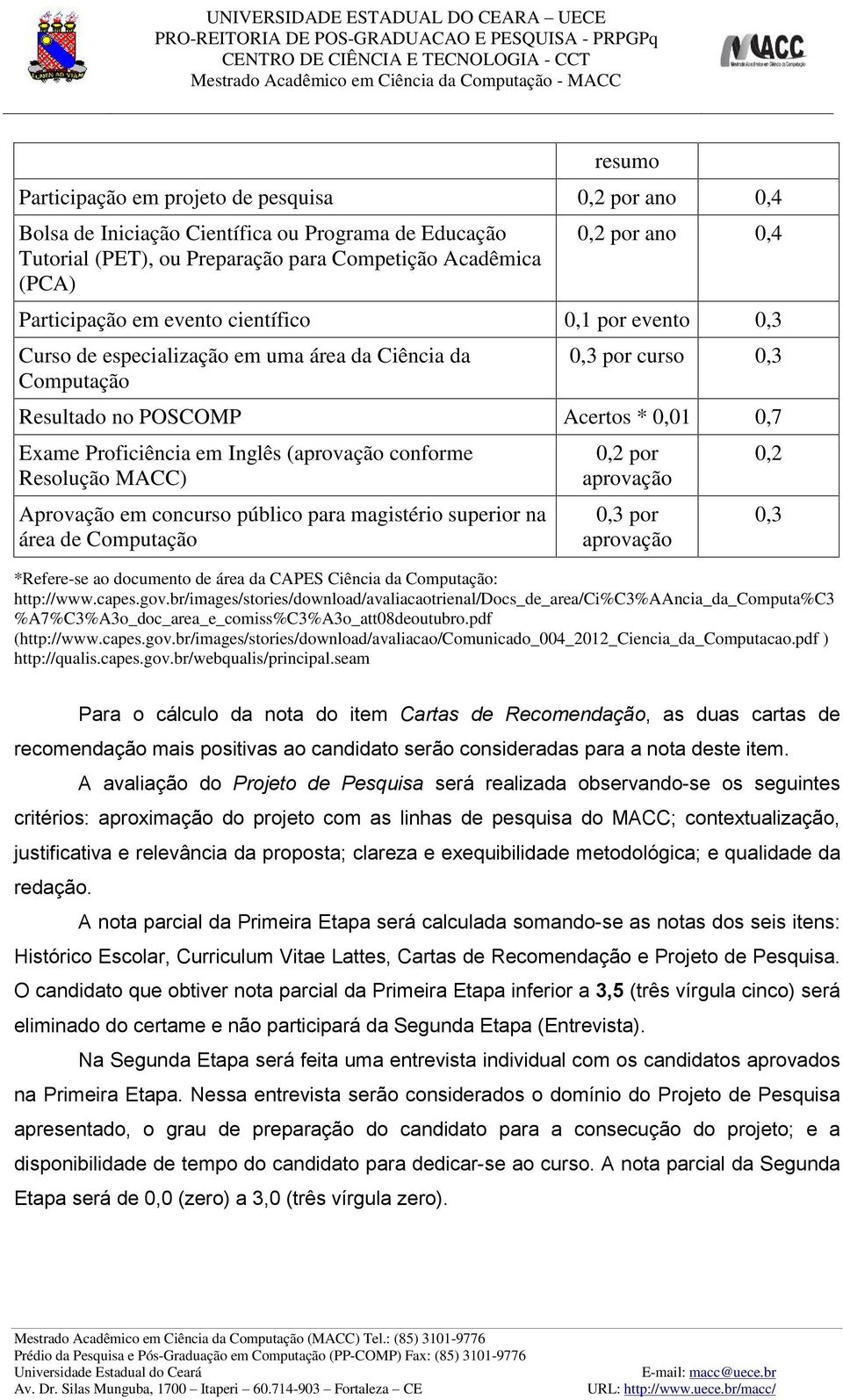 Inglês (aprovação conforme Resolução MACC) Aprovação em concurso público para magistério superior na área de Computação 0,2 por aprovação 0,3 por aprovação *Refere-se ao documento de área da CAPES