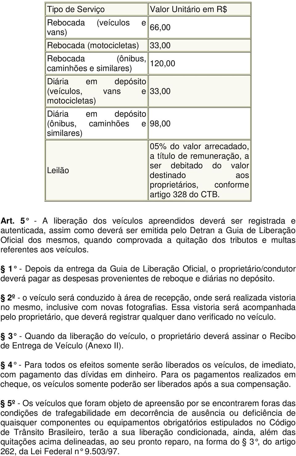 Art. 5 - A liberação dos veículos apreendidos deverá ser registrada e autenticada, assim como deverá ser emitida pelo Detran a Guia de Liberação Oficial dos mesmos, quando comprovada a quitação dos