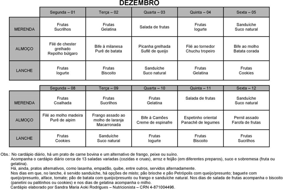 Acompanha o cardápio diário cerca de 13 adas variadas (cozidas e cruas), arroz e feijão (em diferentes preparos), suco e sobremesa (fruta ou gelatina).