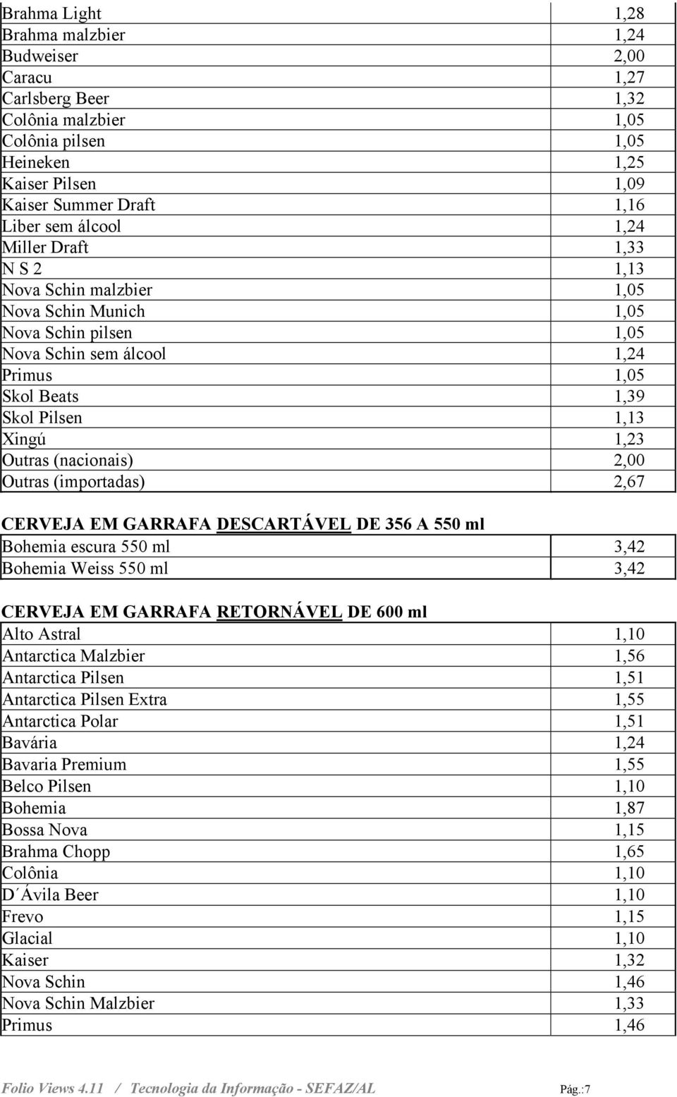 Outras (nacionais) 2,00 Outras (importadas) 2,67 CERVEJA EM GARRAFA DESCARTÁVEL DE 356 A 550 ml Bohemia escura 550 ml 3,42 Bohemia Weiss 550 ml 3,42 CERVEJA EM GARRAFA RETORNÁVEL DE 600 ml Alto