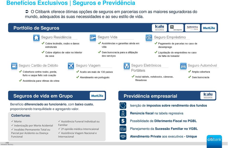 Coberturas: Morte Indenização por Morte Acidental Invalidez Permanente Total ou Parcial por Acidente ou Doença Funcional Assistência Funeral Individual ou Familiar 2ª opinião médica Interncaional