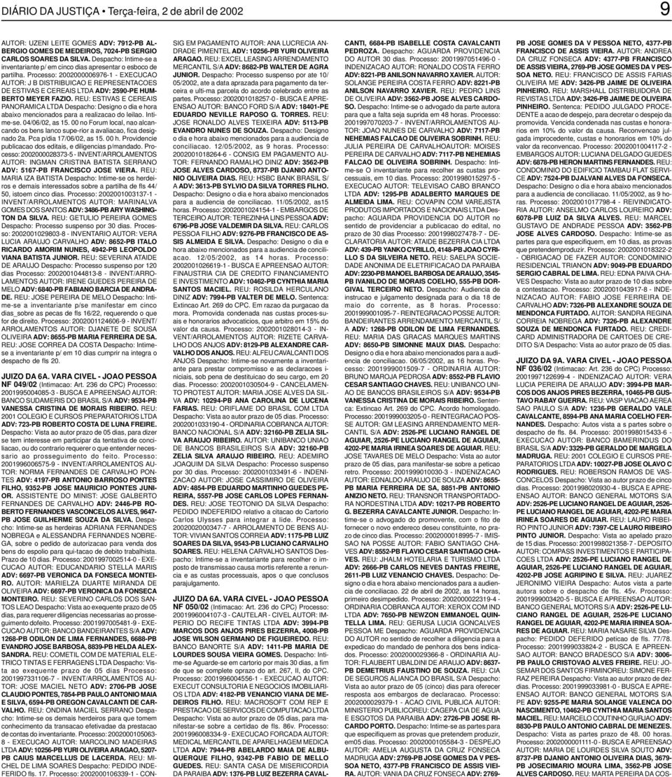 Processo: 2002000006976-1 - EXECUCAO AUTOR: J B DISTRIBUICAO E REPRESENTACOES DE ESTIVAS E CEREAIS LTDA ADV: 2590-PE HUM- BERTO MEYER FAZIO.