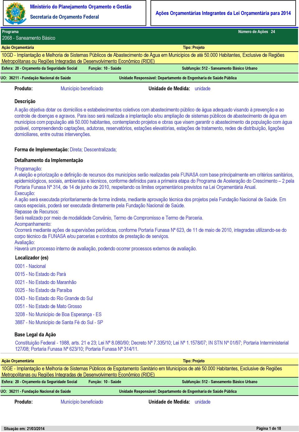 Saneamento Básico Urbano UO: 36211 - Fundação Nacional de Saúde Unidade Responsável: Departamento de Engenharia de Saúde Pública Município beneficiado Unidade de Medida: unidade A ação objetiva dotar