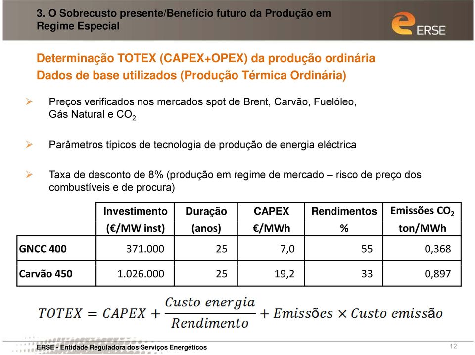 energia eléctrica Taxa de desconto de 8% (produção em regime de mercado risco de preço dos combustíveis e de procura) Investimento Duração CAPEX Rendimentos