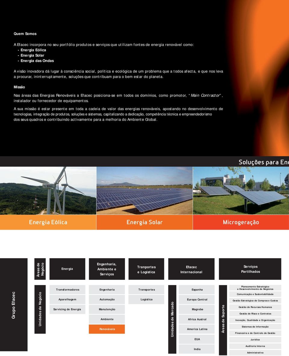 Missão Nas áreas das Energias Renováveis a Efacec posiciona-se em todos os domínios, como promotor, Main Contractor, instalador ou fornecedor de equipamentos.