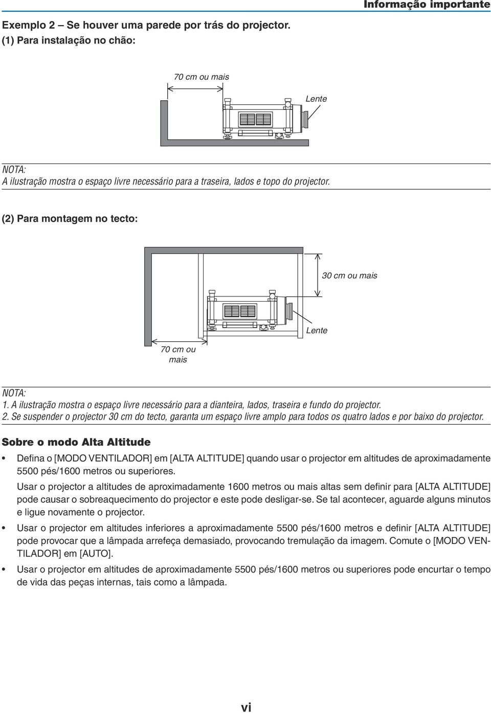 (2) Para montagem no tecto: 30 cm ou mais 70 cm ou mais Lente NOTA: 1. A ilustração mostra o espaço livre necessário para a dianteira, lados, traseira e fundo do projector. 2.