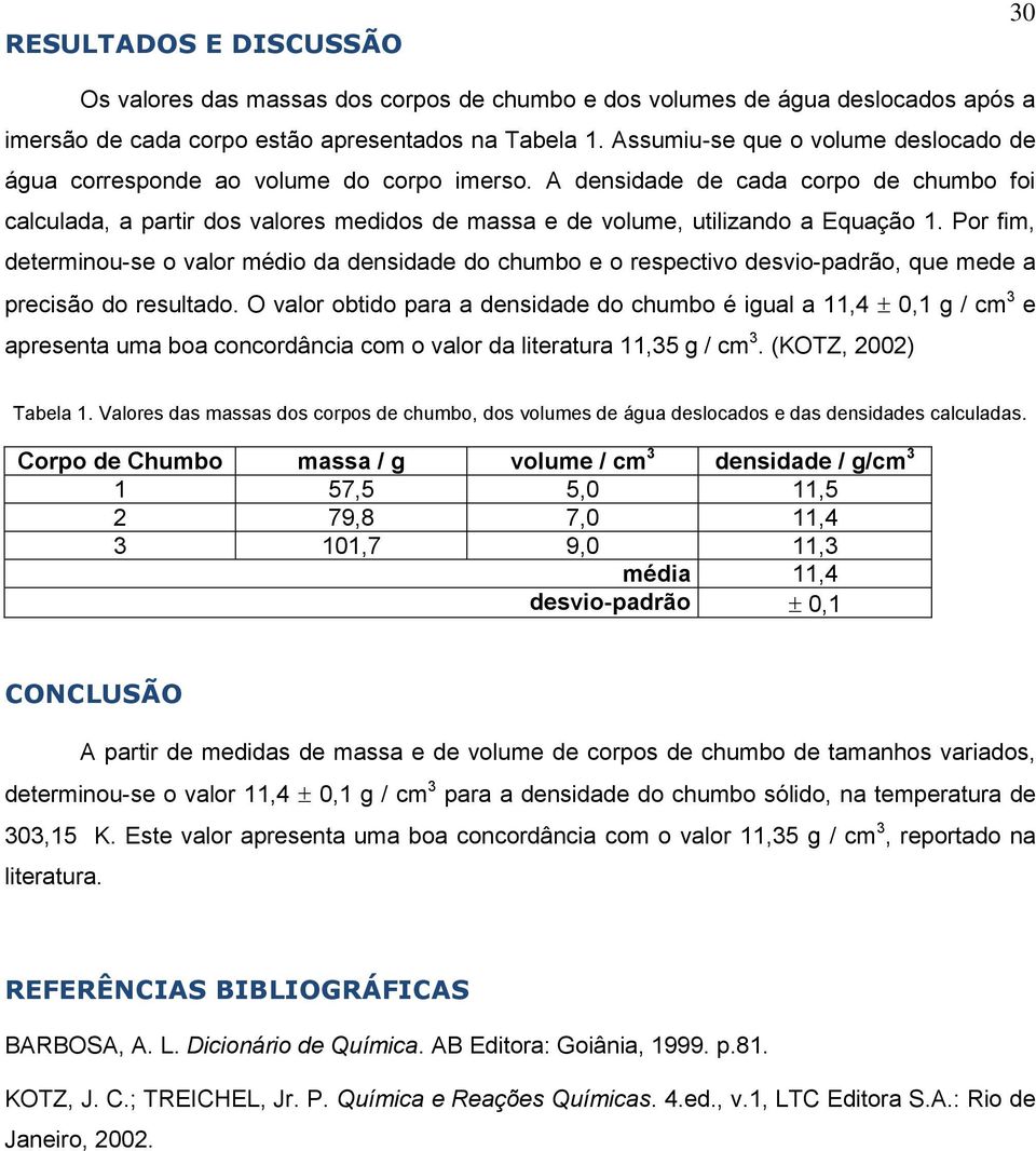 A densidade de cada corpo de chumbo foi calculada, a partir dos valores medidos de massa e de volume, utilizando a Equação 1.