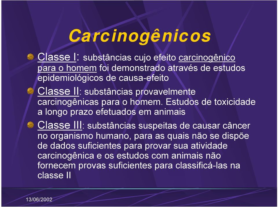 Estudos de toxicidade a longo prazo efetuados em animais Classe III: substâncias suspeitas de causar câncer no organismo humano,