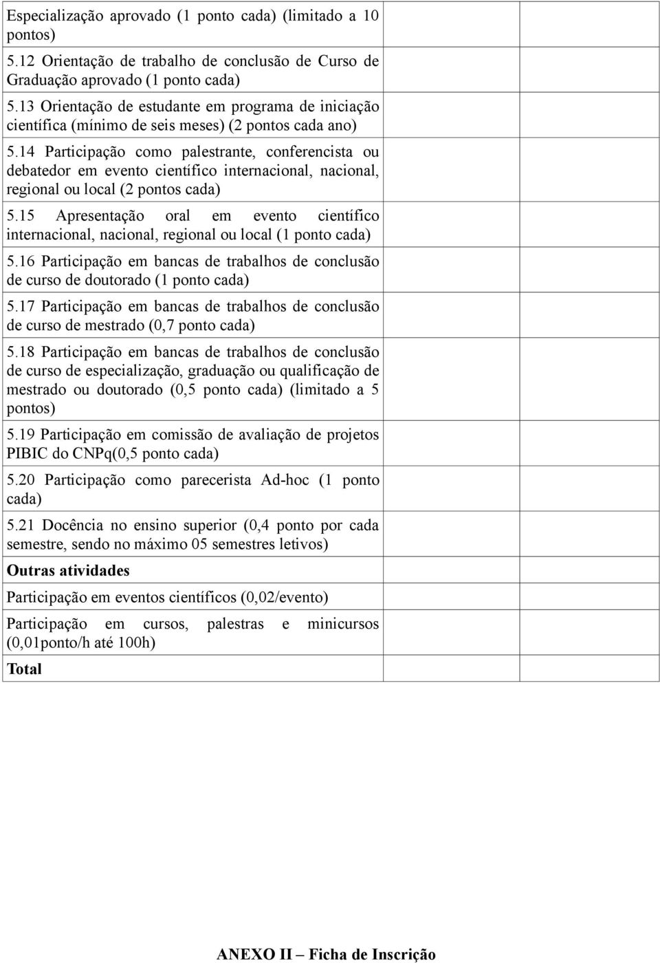 14 Participação como palestrante, conferencista ou debatedor em evento científico internacional, nacional, regional ou local (2 pontos 5.