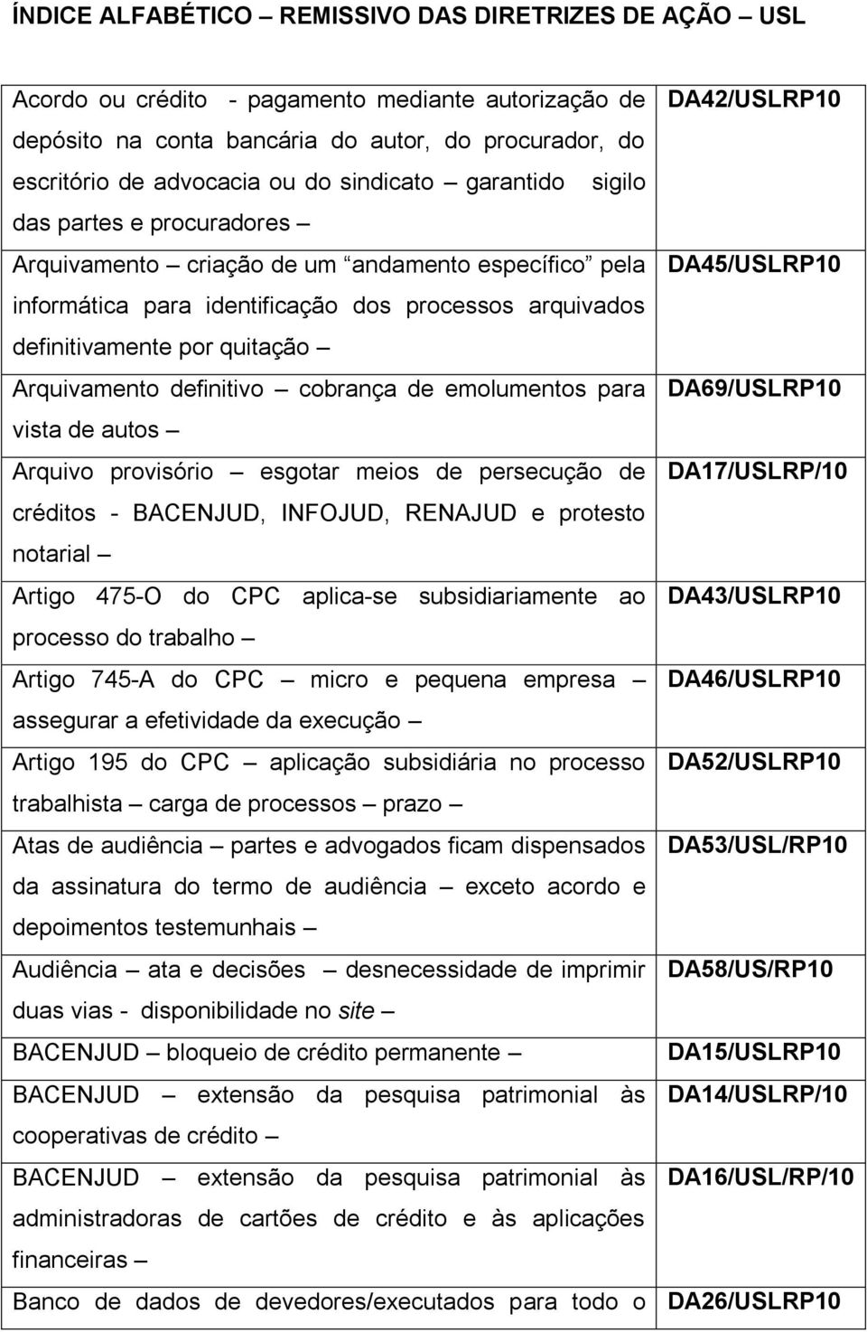 definitivamente por quitação Arquivamento definitivo cobrança de emolumentos para DA69/USLRP10 vista de autos Arquivo provisório esgotar meios de persecução de DA17/USLRP/10 créditos - BACENJUD,