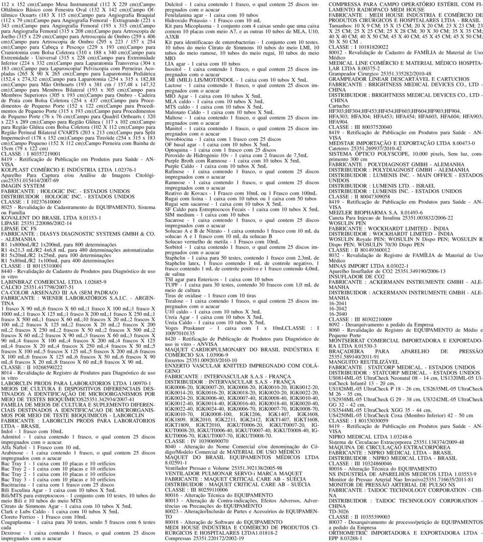 para Artroscopia de Ombro (259 x 406 cm);campo para Artroscopia de Ombro (295 x 223 / 157 x 254 cm);campo para Cabeça e Pescoço (229 x 193 cm);campo para Craniotomia com Bolsa Coletora (310 x 188 x