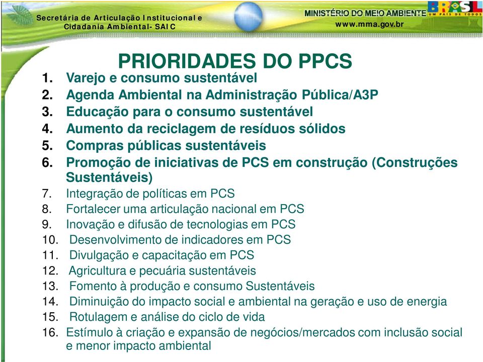 Inovação e difusão de tecnologias em PCS 10. Desenvolvimento de indicadores em PCS 11. Divulgação e capacitação em PCS 12. Agricultura e pecuária sustentáveis 13.