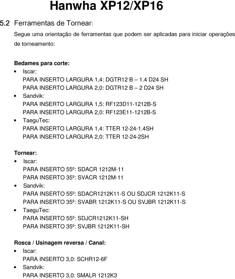 4 D24 SH PARA INSERTO LARGURA 2,0: DGTR12 B 2 D24 SH Sandvik: PARA INSERTO LARGURA 1,5: RF123D11-1212B-S PARA INSERTO LARGURA 2,0: RF123E11-1212B-S TaeguTec: PARA INSERTO LARGURA 1,4: TTER 12-24-1.