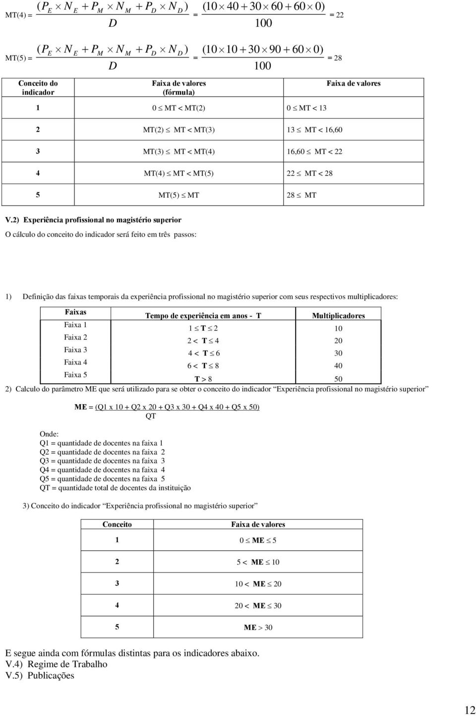 2) Experiência profissional no magistério superior O cálculo do conceito do indicador será feito em três passos: 1) Definição das faixas temporais da experiência profissional no magistério superior