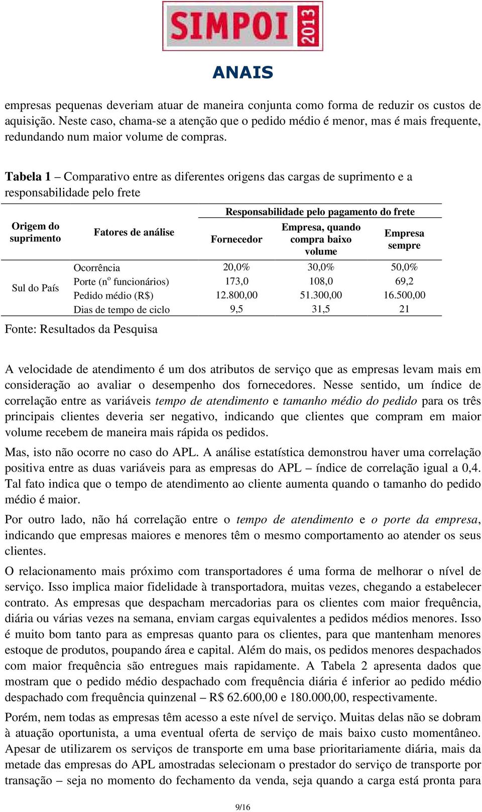 Tabela 1 Comparativo entre as diferentes origens das cargas de suprimento e a responsabilidade pelo frete Origem do suprimento Sul do País Fatores de análise Responsabilidade pelo pagamento do frete