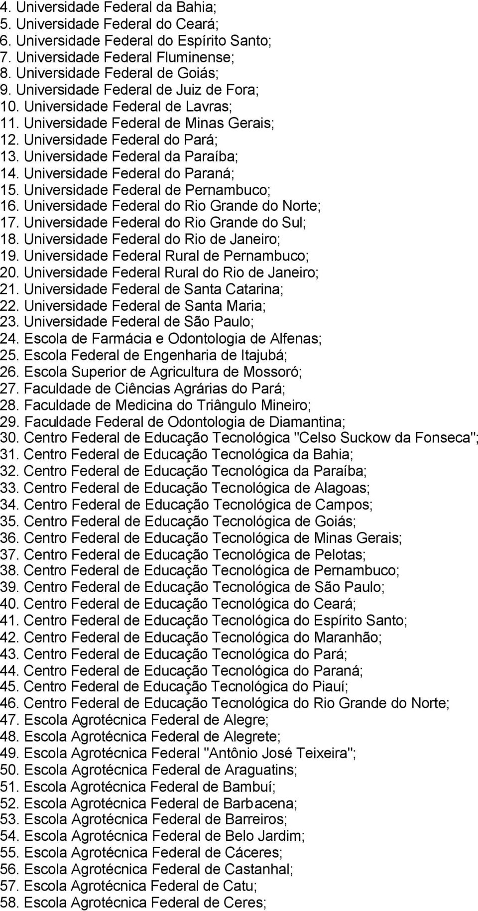 Universidade Federal do Paraná; 15. Universidade Federal de Pernambuco; 16. Universidade Federal do Rio Grande do Norte; 17. Universidade Federal do Rio Grande do Sul; 18.
