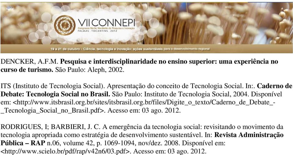 br/sites/itsbrasil.org.br/files/digite_o_texto/caderno_de_debate_- _Tecnologia_Social_no_Brasil.pdf>. Acesso em: 03 ago. 2012. RODRIGUES, I; BARBIERI, J. C.