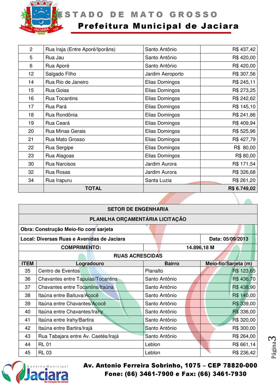 Domingos R$ 409,94 20 Rua Minas Gerais Elias Domingos R$ 525,96 21 Rua Mato Grosso Elias Domingos R$ 427,79 22 Rua Sergipe Elias Domingos R$ 80,00 23 Rua Alagoas Elias Domingos R$ 80,00 30 Rua