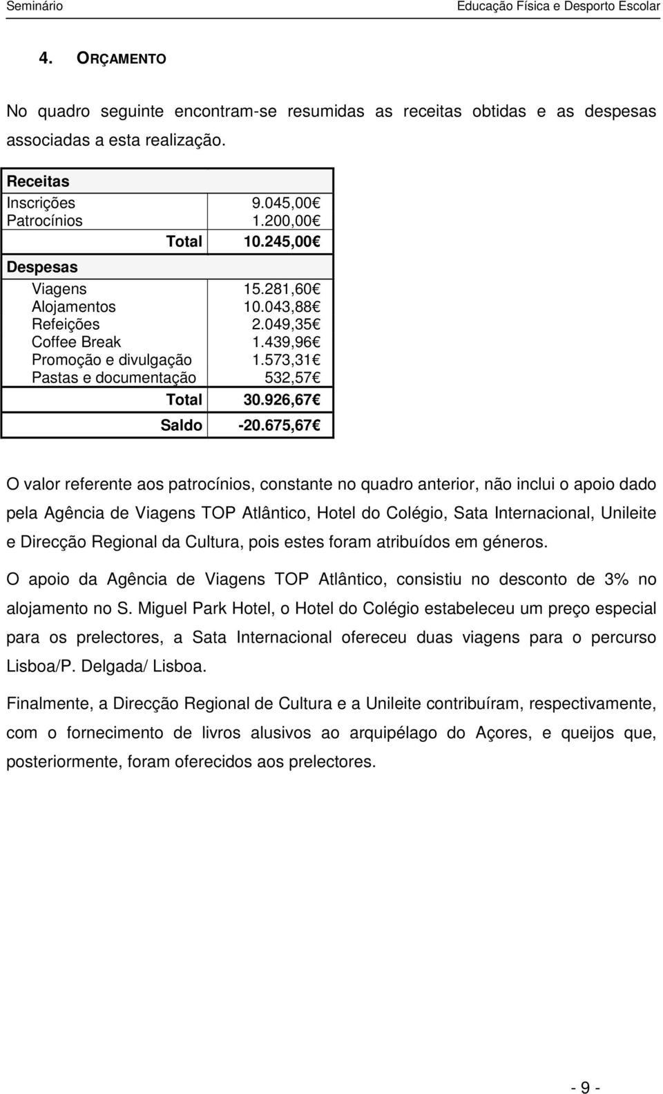 675,67 O valor referente aos patrocínios, constante no quadro anterior, não inclui o apoio dado pela Agência de Viagens TOP Atlântico, Hotel do Colégio, Sata Internacional, Unileite e Direcção