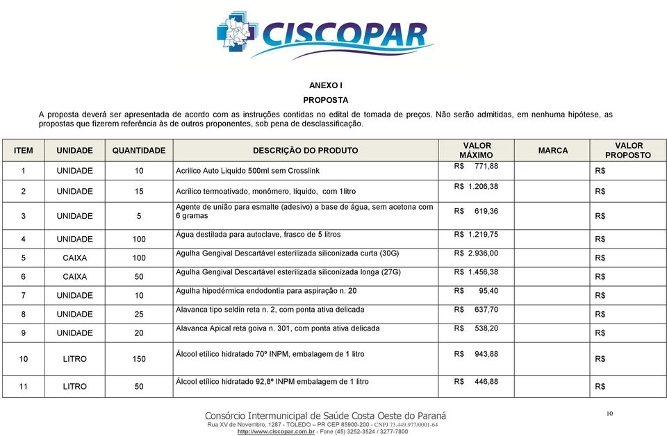 ITEM UNIDADE QUANTIDADE DESCRIÇÃO DO PRODUTO 1 UNIDADE 10 Acrilico Auto Liquido 500ml sem Crosslink VALOR MÁXIMO 771,88 MARCA VALOR PROPOSTO 2 UNIDADE 15 Acrílico termoativado, monômero, líquido, com