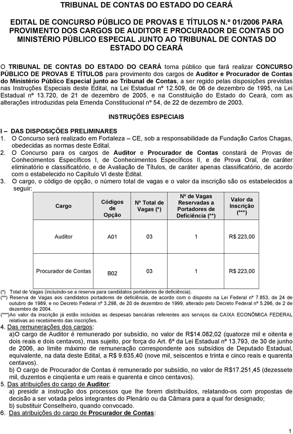 público que fará realizar CONCURSO PÚBLICO DE PROVAS E TÍTULOS para provimento dos cargos de Auditor e Procurador de Contas do Ministério Público Especial junto ao Tribunal de Contas, a ser regido