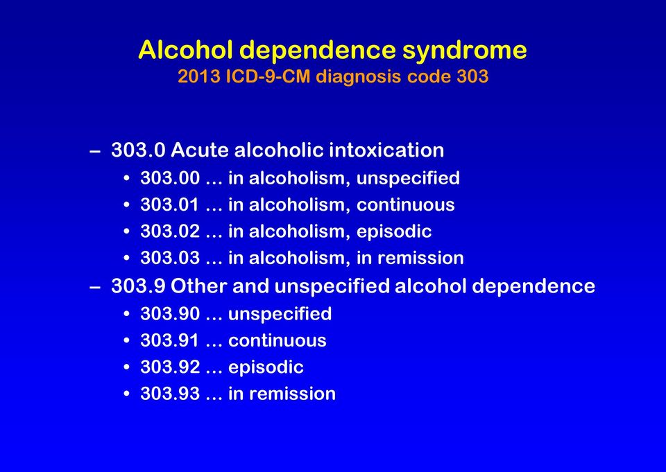 01 in alcoholism, continuous 303.02 in alcoholism, episodic 303.