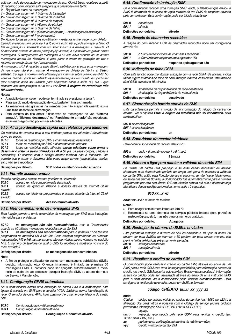 5 (Alarme de falha) 6 Gravar mensagem nº.6 (Relatório de alarme) identificação da instalação 7 Gravar mensagem nº.