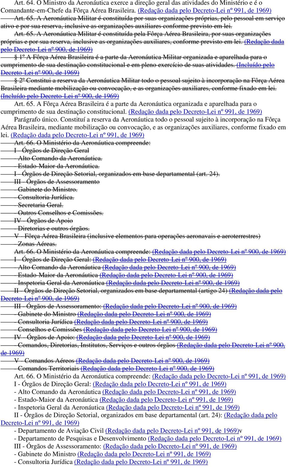 A Aeronáutica Militar é constituída pela Fôrça Aérea Brasileira, por suas organizações próprias e por sua reserva, inclusive as organizações auxiliares, conforme previsto em lei.