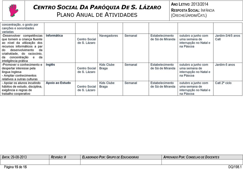 os alunos incutindo hábitos de estudo, disciplina, exigência e regras de trabalho cooperativo Informática Inglês Apoio ao Estudo Centro de S. Lázaro Centro de S.