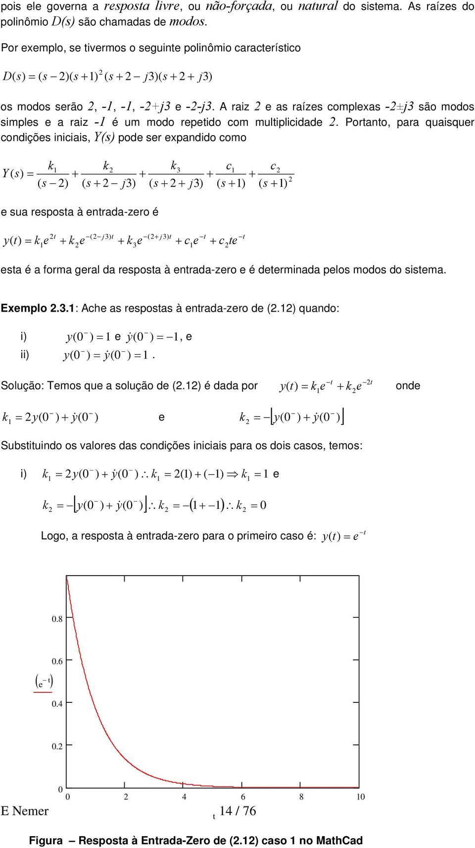 Porano, para quaiqur condiçõ iniciai, Y pod r pandido como k k Y k j c c j ua rpoa à nrada-zro é y j j k k k c c a é a forma gral da rpoa à nrada-zro é drminada plo modo do ima. Emplo.