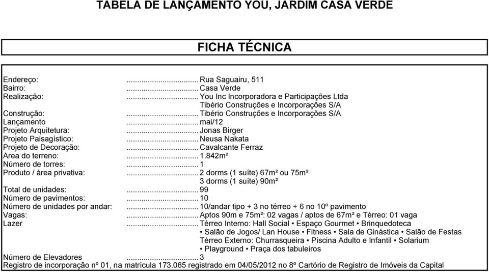 .. Jonas Birger Projeto Paisagístico:... Neusa Nakata Projeto de Decoração:... Cavalcante Ferraz Área do terreno:... 1.842m² Número de torres:... 1 Produto / área privativa:.