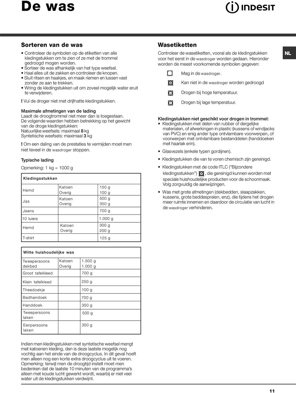 Wring de kledingstukken uit om zoveel mogelijk water eruit te verwijderen.! Vul de droger niet met drijfnatte kledingstukken.