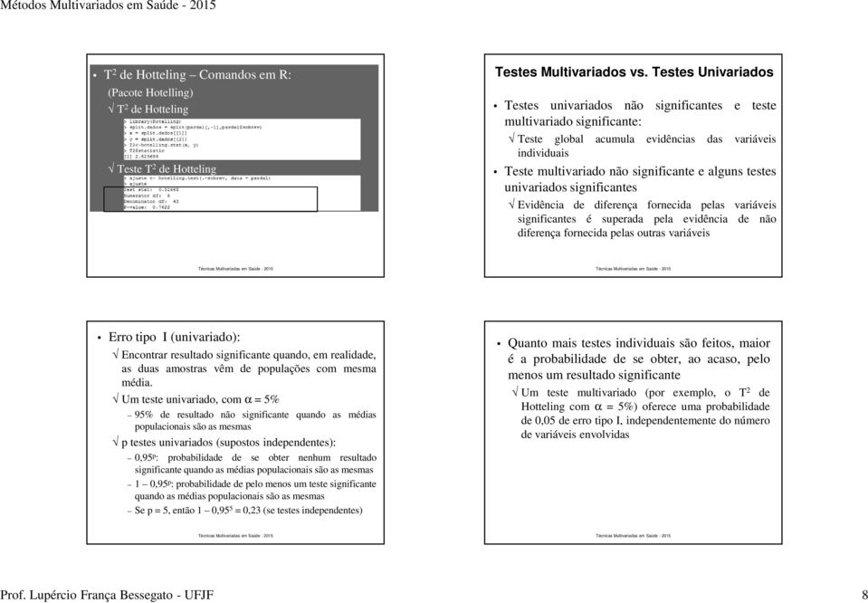 Testes Univariados Testes univariados não significantes e teste multivariado significante: Teste global acumula evidências das variáveis individuais Teste multivariado não significante e alguns