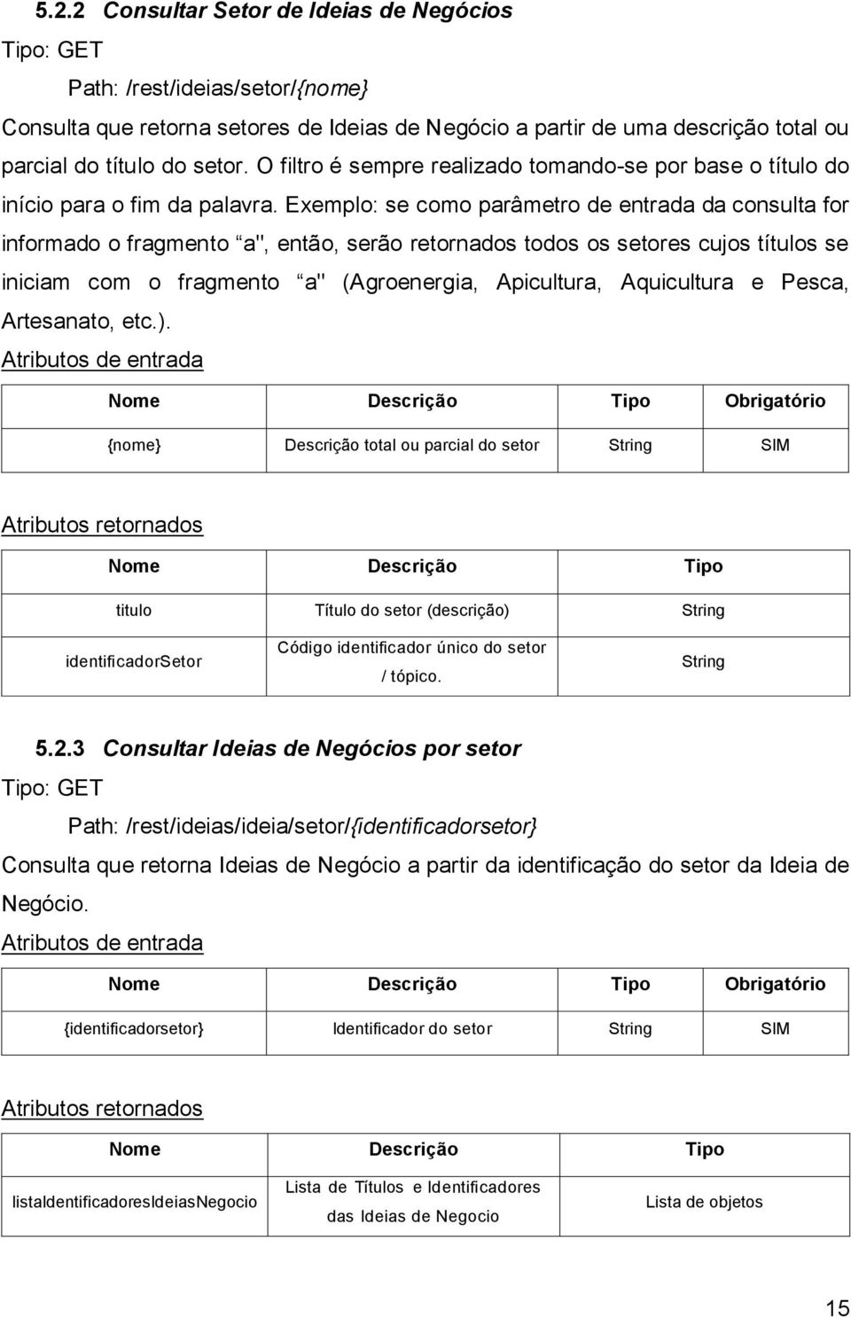 Exemplo: se como parâmetro de entrada da consulta for informado o fragmento a", então, serão retornados todos os setores cujos títulos se iniciam com o fragmento a" (Agroenergia, Apicultura,