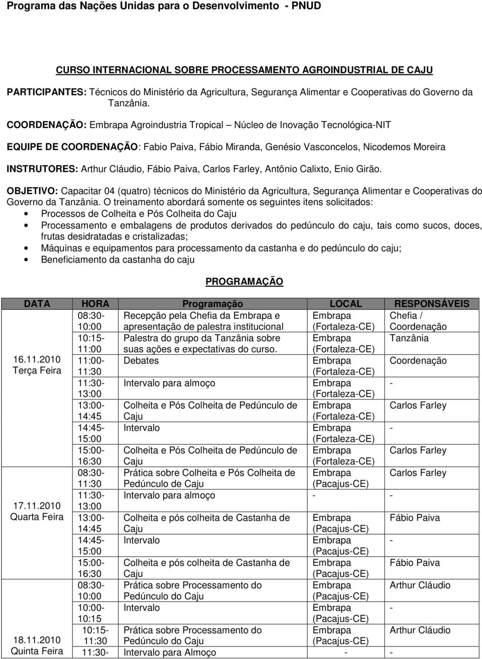 Fábio Paiva, Carlos Farley, Antônio Calixto, Enio Girão. OBJETIVO: Capacitar 04 (quatro) técnicos do Ministério da Agricultura, Segurança Alimentar e Cooperativas do Governo da Tanzânia.