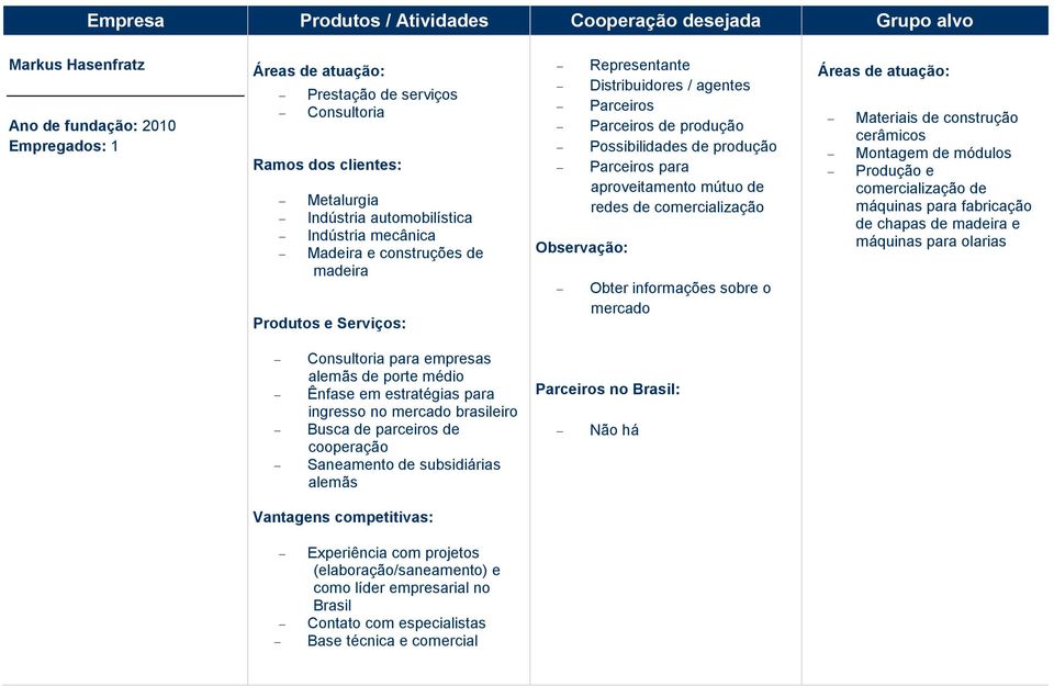 Montagem de módulos Produção e comercialização de máquinas para fabricação de chapas de madeira e máquinas para olarias Consultoria para empresas alemãs de porte médio Ênfase em estratégias para