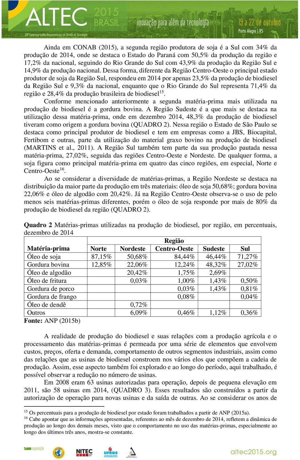 Dessa forma, diferente da Região Centro-Oeste o principal estado produtor de soja da Região Sul, respondeu em 2014 por apenas 23,5% da produção de biodiesel da Região Sul e 9,3% da nacional, enquanto