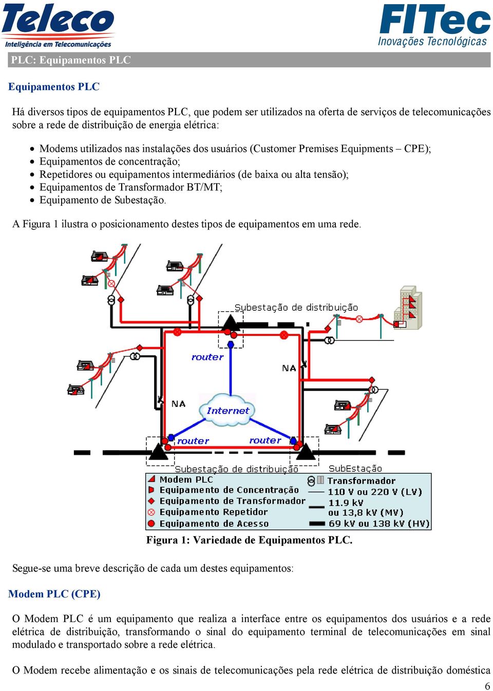 Transformador BT/MT; Equipamento de Subestação. A Figura 1 ilustra o posicionamento destes tipos de equipamentos em uma rede. Figura 1: Variedade de Equipamentos PLC.