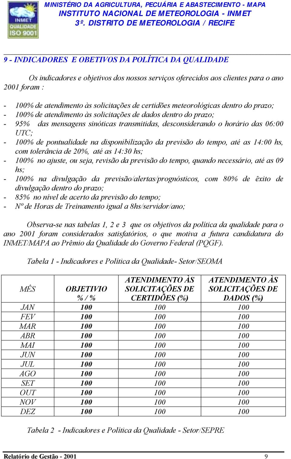 pontualidade na disponibilização da previsão do tempo, até as 14:00 hs, com tolerância de 20%, até as 14:30 hs; - 100% no ajuste, ou seja, revisão da previsão do tempo, quando necessário, até as 09