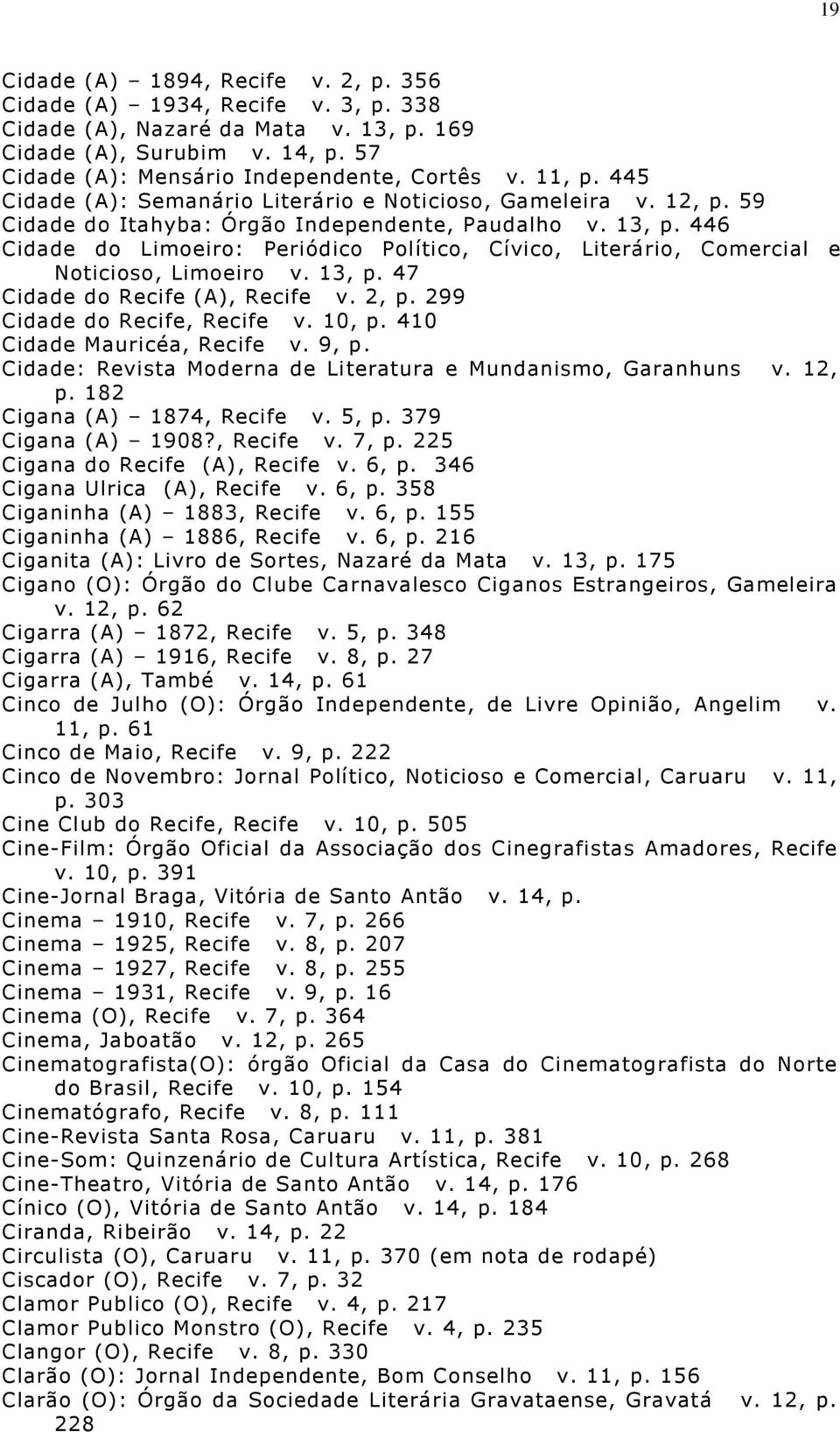 446 Cidade do Limoeiro: Periódico Político, Cívico, Literário, Comercial e Noticioso, Limoeiro v. 13, p. 47 Cidade do Recife (A), Recife v. 2, p. 299 Cidade do Recife, Recife v. 10, p.