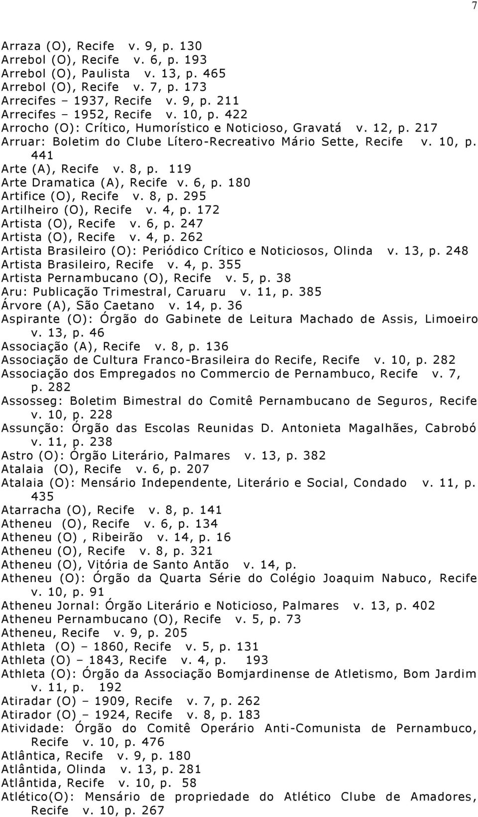 119 Arte Dramatica (A), Recife v. 6, p. 180 Artifice (O), Recife v. 8, p. 295 Artilheiro (O), Recife v. 4, p. 172 Artista (O), Recife v. 6, p. 247 Artista (O), Recife v. 4, p. 262 Artista Brasileiro (O): Periódico Crítico e Noticiosos, Olinda v.