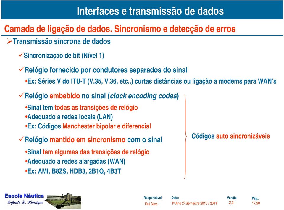 .) curtas distâncias ou ligação a modems para WAN s Relógio embebido no sinal (clock encoding codes) Sinal tem todas as transições de relógio Adequado a