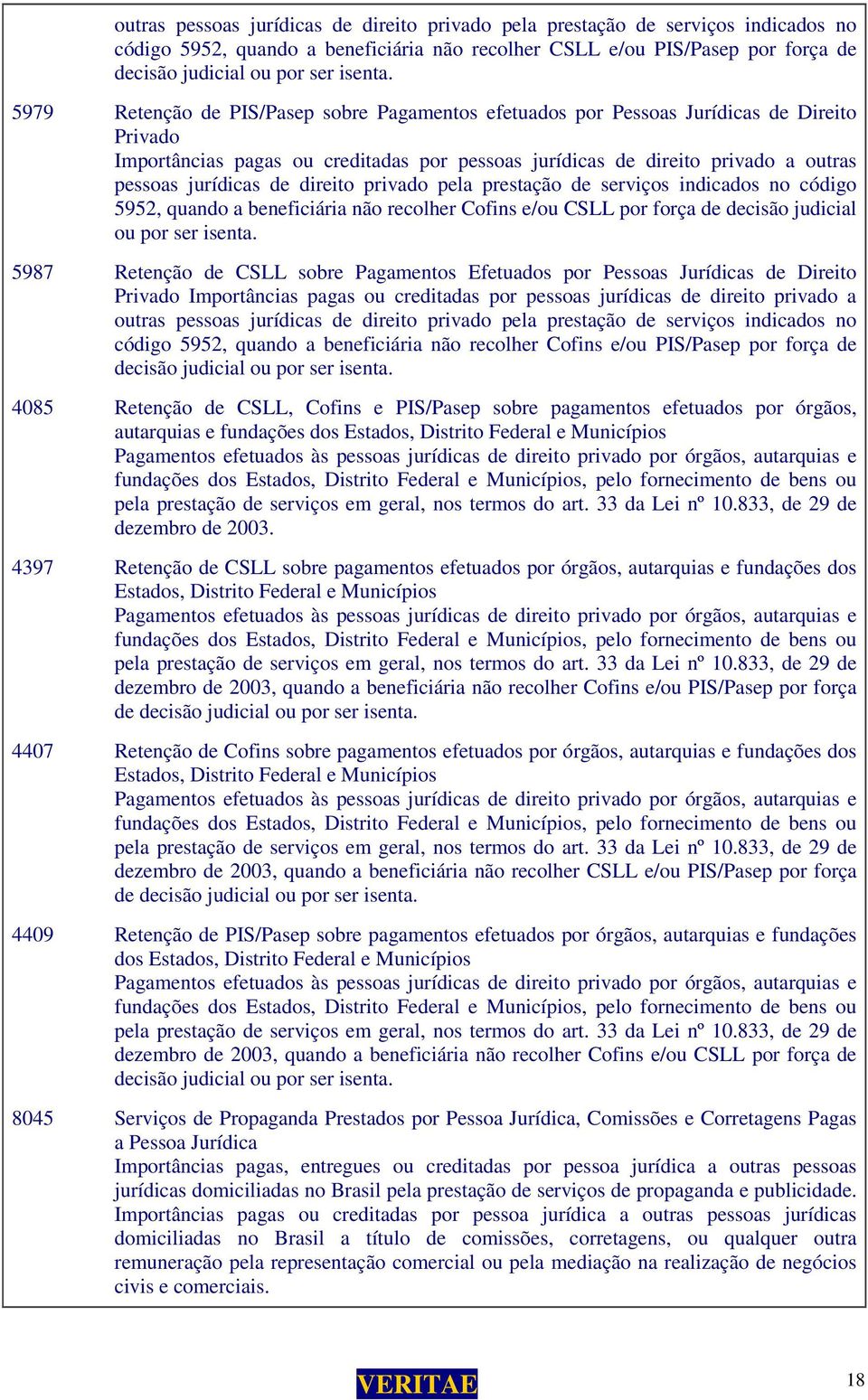 direito privado pela prestação de serviços indicados no código 5952, quando a beneficiária não recolher Cofins e/ou CSLL por força de decisão judicial ou por ser isenta.