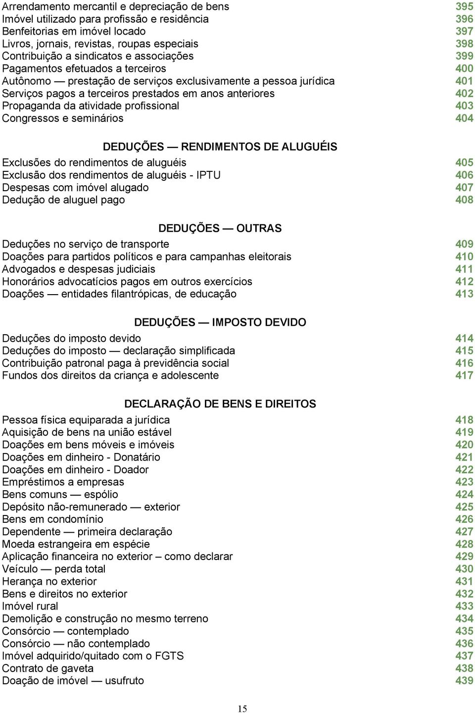 profissional Congressos e seminários 395 396 397 398 399 400 401 402 403 404 DEDUÇÕES RENDIMENTOS DE ALUGUÉIS Exclusões do rendimentos de aluguéis Exclusão dos rendimentos de aluguéis - IPTU Despesas